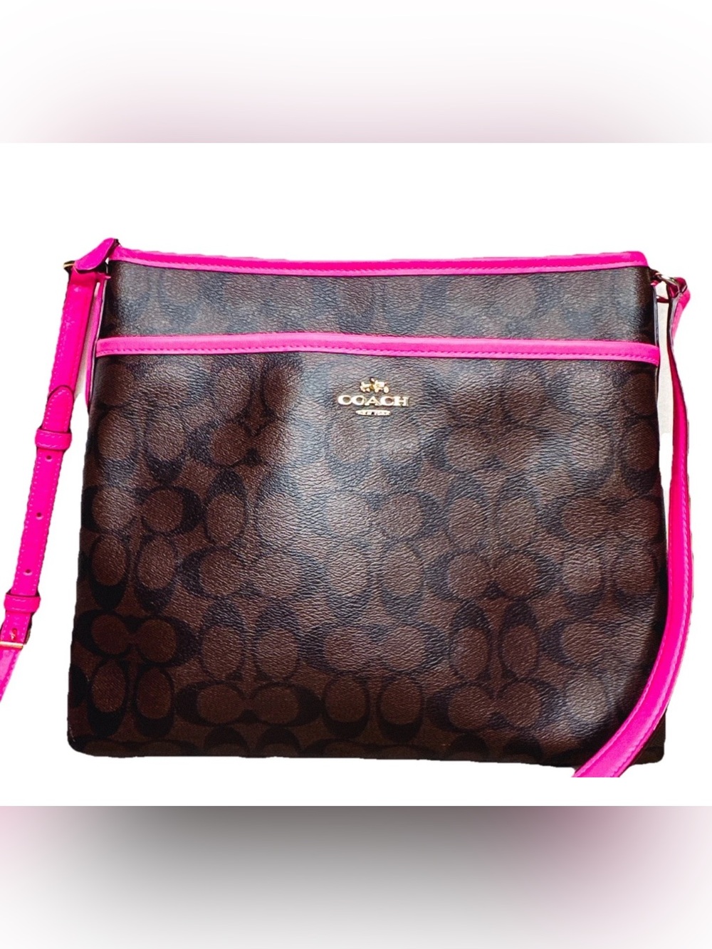 COACH Brown Signature Clutch with Hot Pink Trim